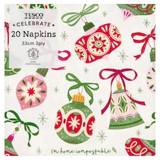 Tesco Festive Bell Christmas Napkins 33cm 3Ply 20 Pack