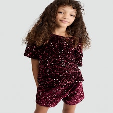F&F Girls Sequin T-Shirt and Shorts Set in Burgundy