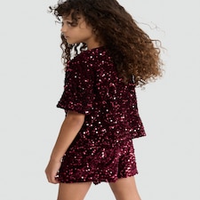 F&F Girls Sequin T-Shirt and Shorts Set in Burgundy thumbnail 3