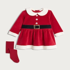 F&F Baby 2-Piece Velour Santa Dress and Tights Set in Red thumbnail 3