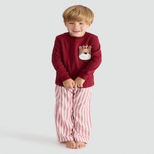 F&F Boys Pure Cotton Reindeer Pocket Top and Bottoms Pyjama Set in Red