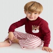 F&F Boys Pure Cotton Reindeer Pocket Top and Bottoms Pyjama Set in Red thumbnail 2