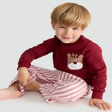 F&F Boys Pure Cotton Reindeer Pocket Top and Bottoms Pyjama Set in Red thumbnail 2