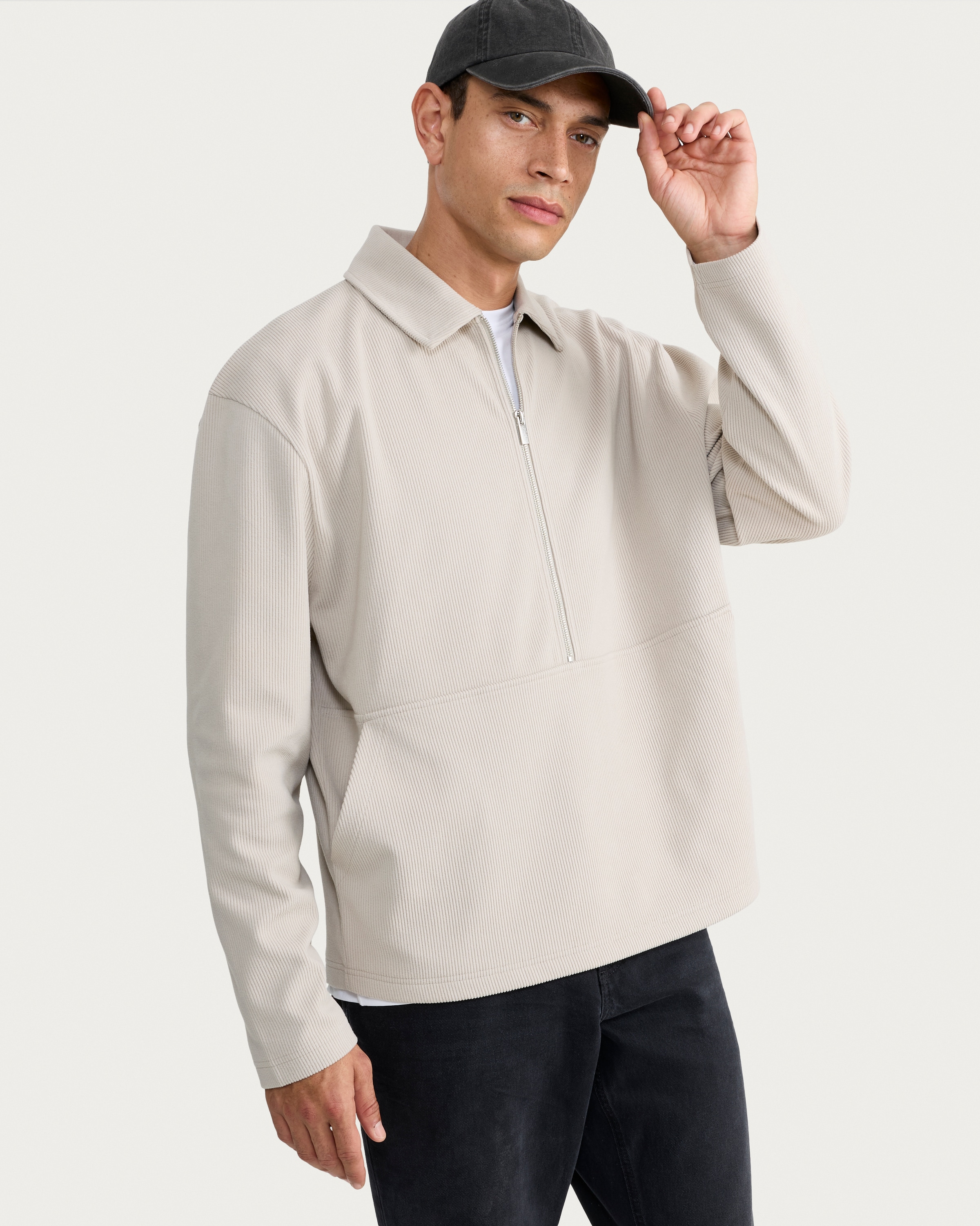 F&F Ribbed Half Zip Relaxed Fit Sweatshirt in Stone