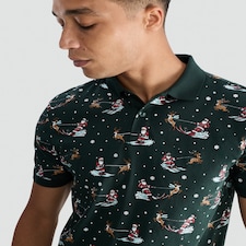 F&F Pure Cotton Santa and Sleigh Print Polo Shirt in Green thumbnail 2