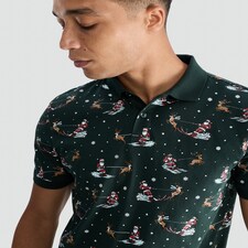 F&F Pure Cotton Santa and Sleigh Print Polo Shirt in Green thumbnail 2