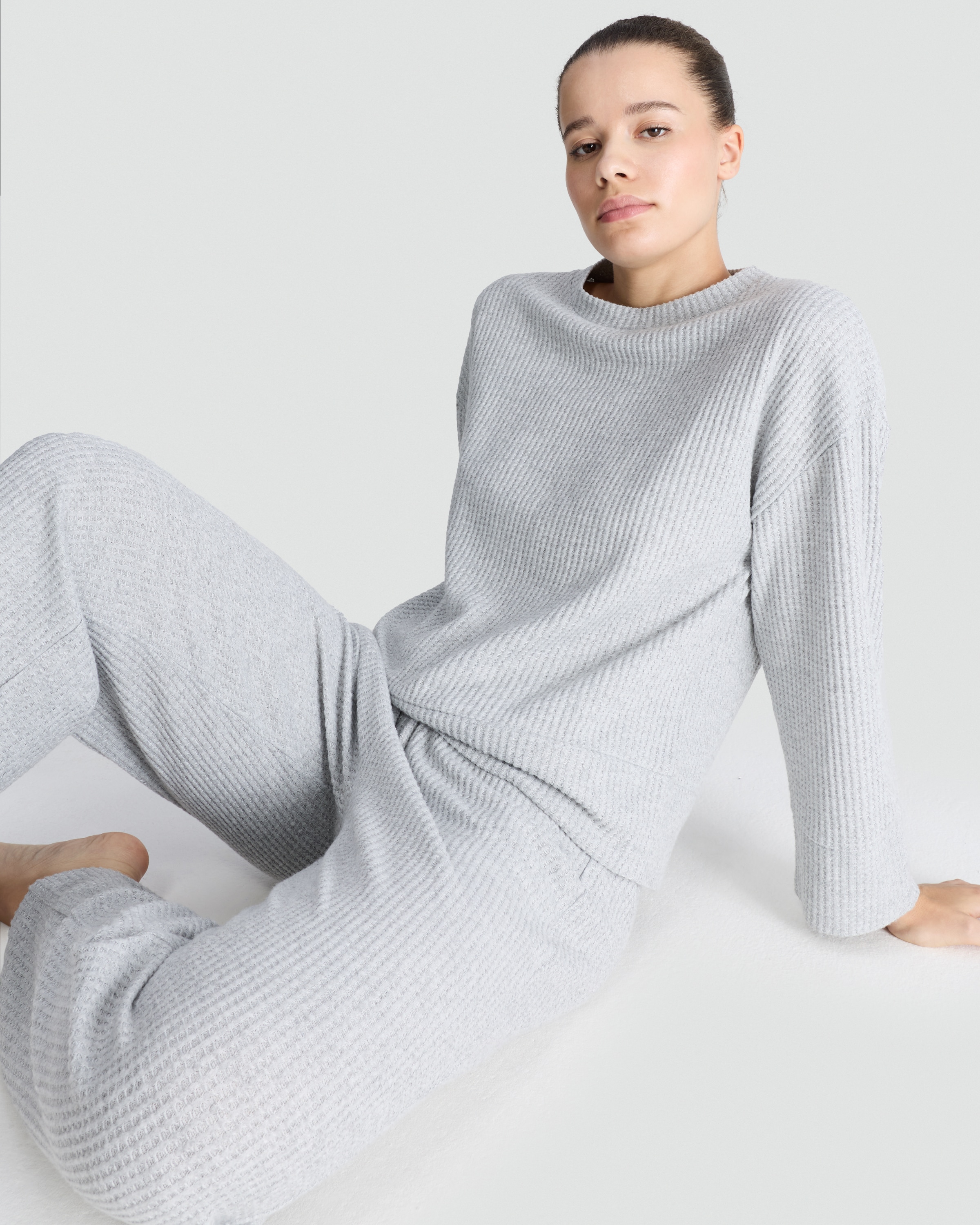 F&F Waffle Textured Sweatshirt and Wide Leg Trousers Lounge Set in Grey