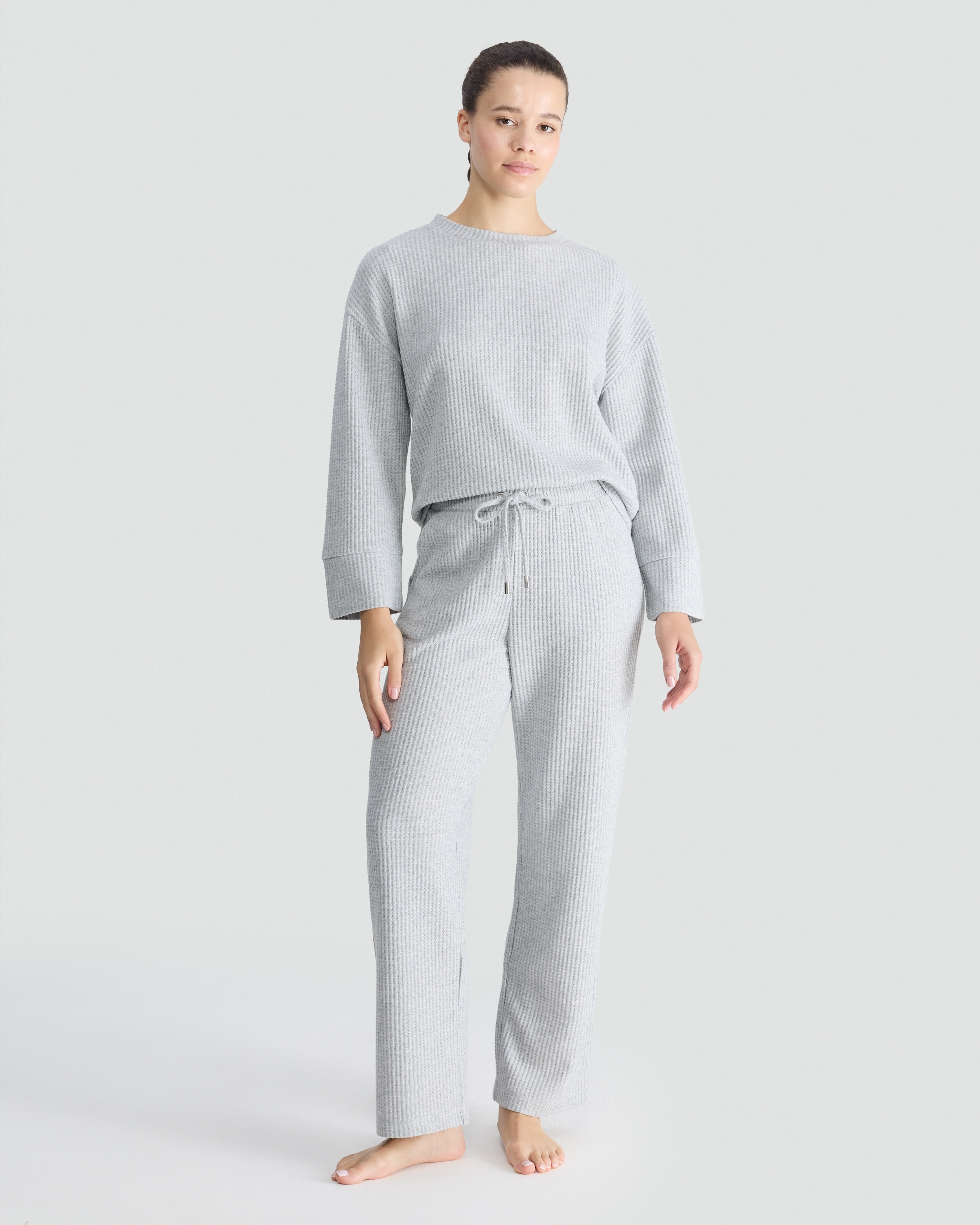 F&F Waffle Textured Sweatshirt and Wide Leg Trousers Lounge Set in Grey thumbnail 2