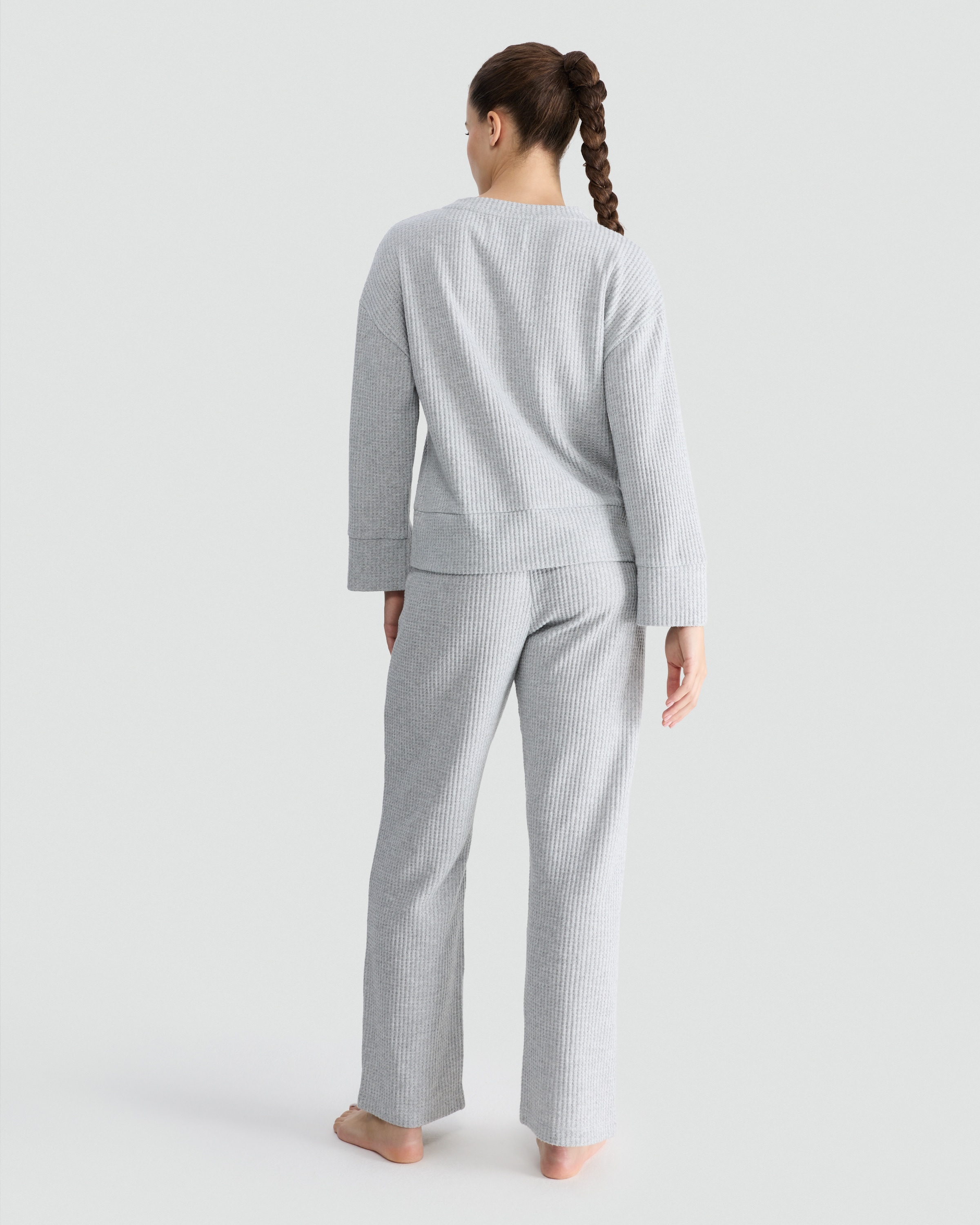 F&F Waffle Textured Sweatshirt and Wide Leg Trousers Lounge Set in Grey thumbnail 3