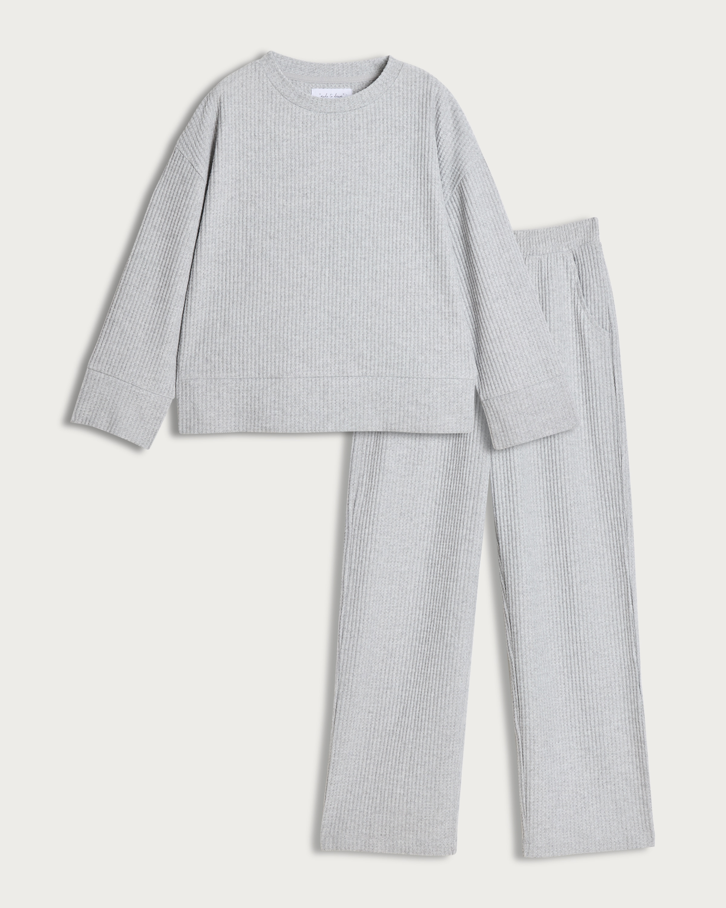 F&F Waffle Textured Sweatshirt and Wide Leg Trousers Lounge Set in Grey thumbnail 4