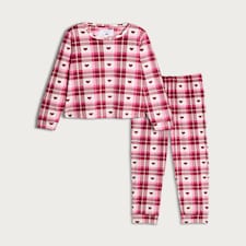 F&F Fleece Heart Check Print Top and Trousers Pyjamas in Red thumbnail 4