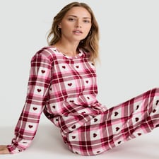 F&F Fleece Heart Check Print Top and Bottoms Pyjamas in Red