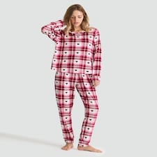 F&F Fleece Heart Check Print Top and Bottoms Pyjamas in Red thumbnail 2