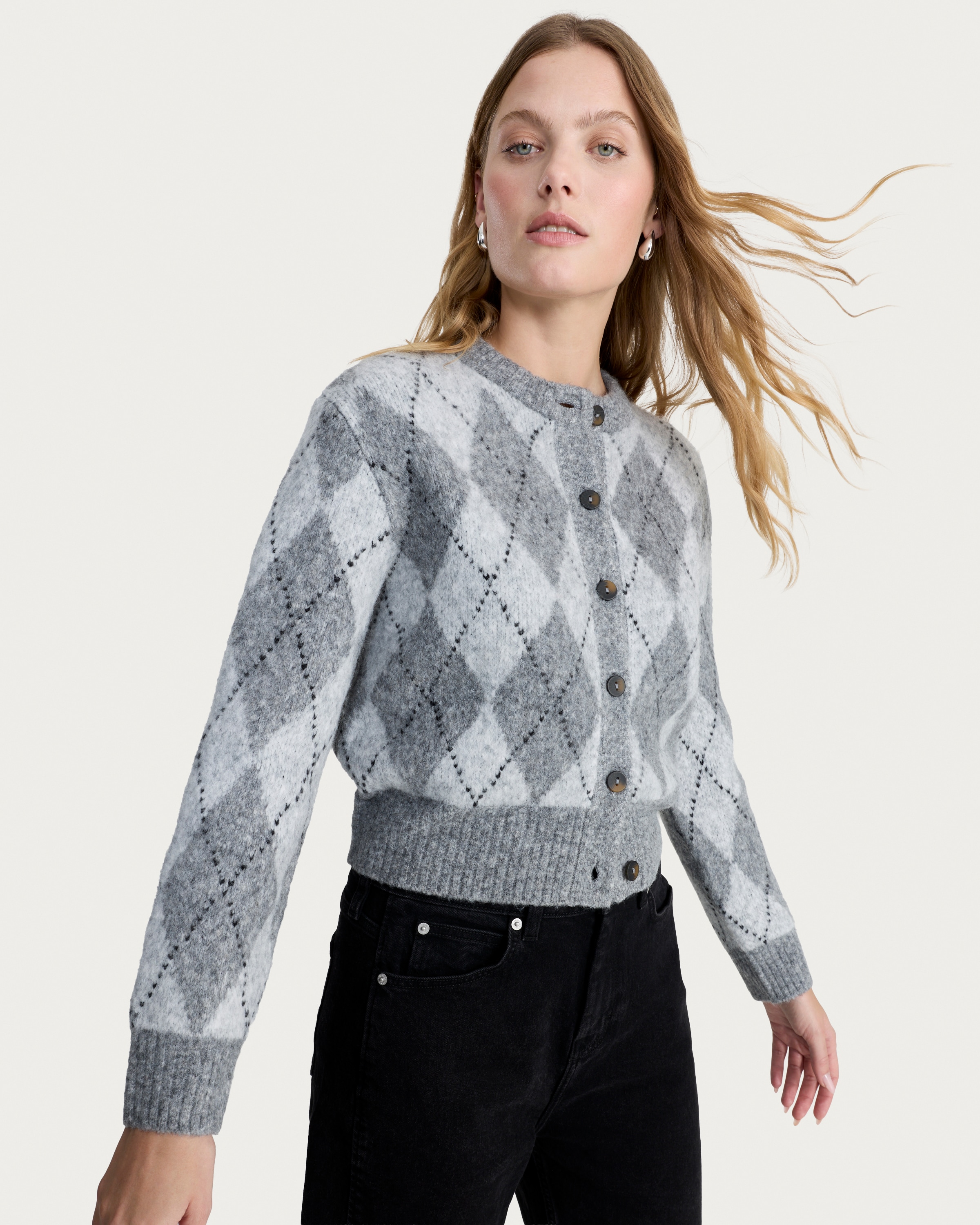 F&F Knitted Argyle Print Button Up Cardigan in Multi Grey