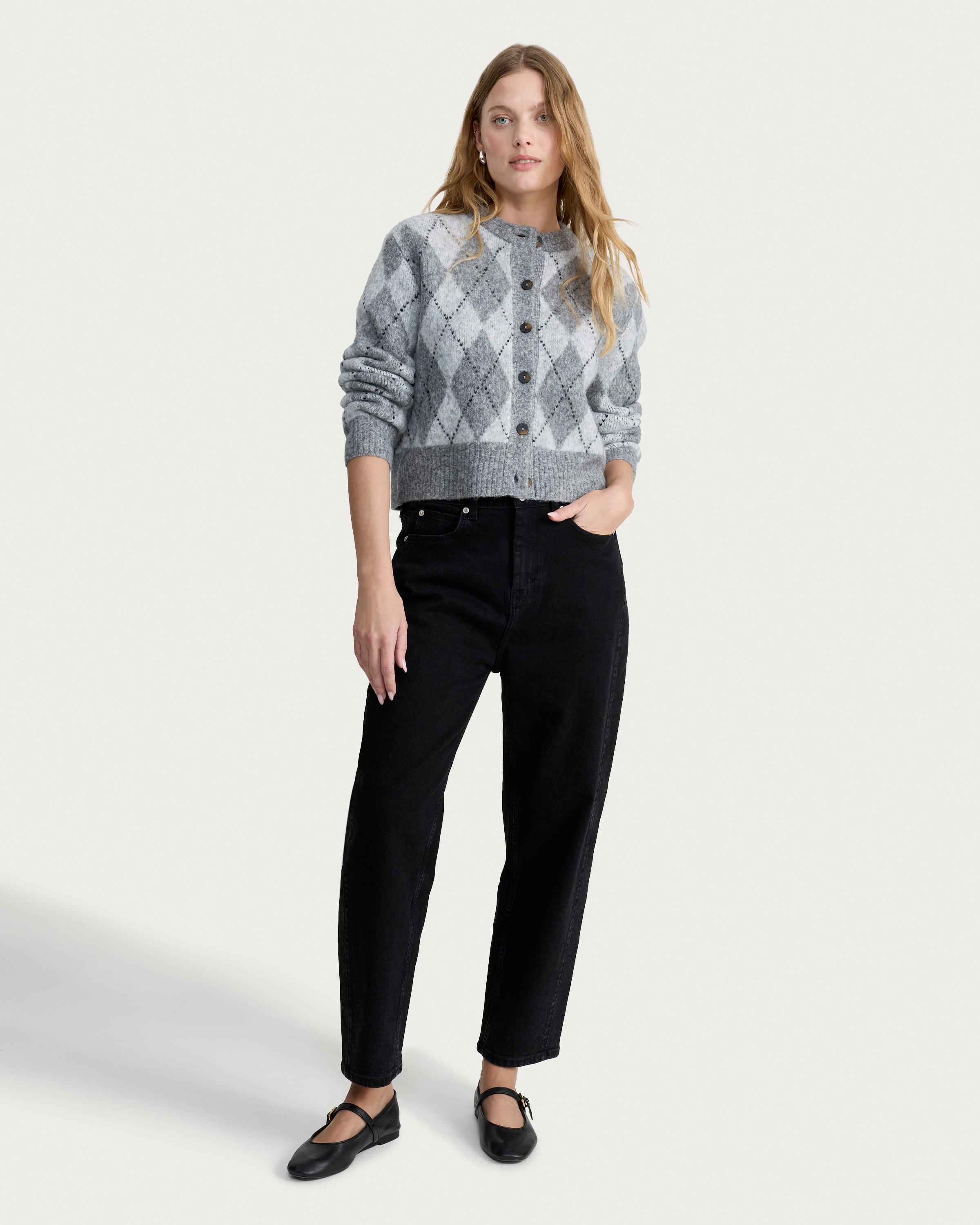 F&F Knitted Argyle Print Button Up Cardigan in Multi Grey thumbnail 2
