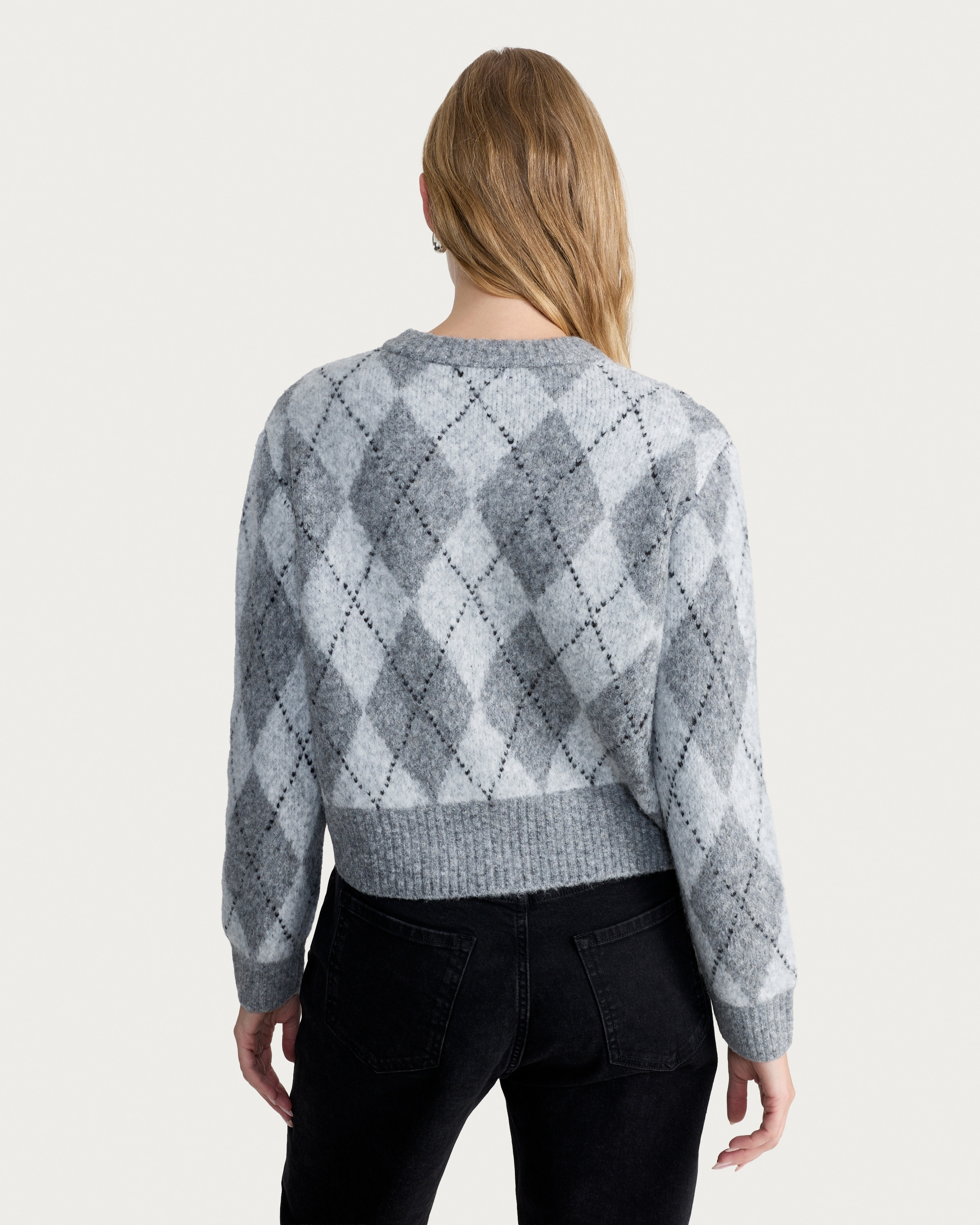 F&F Knitted Argyle Print Button Up Cardigan in Multi Grey thumbnail 3