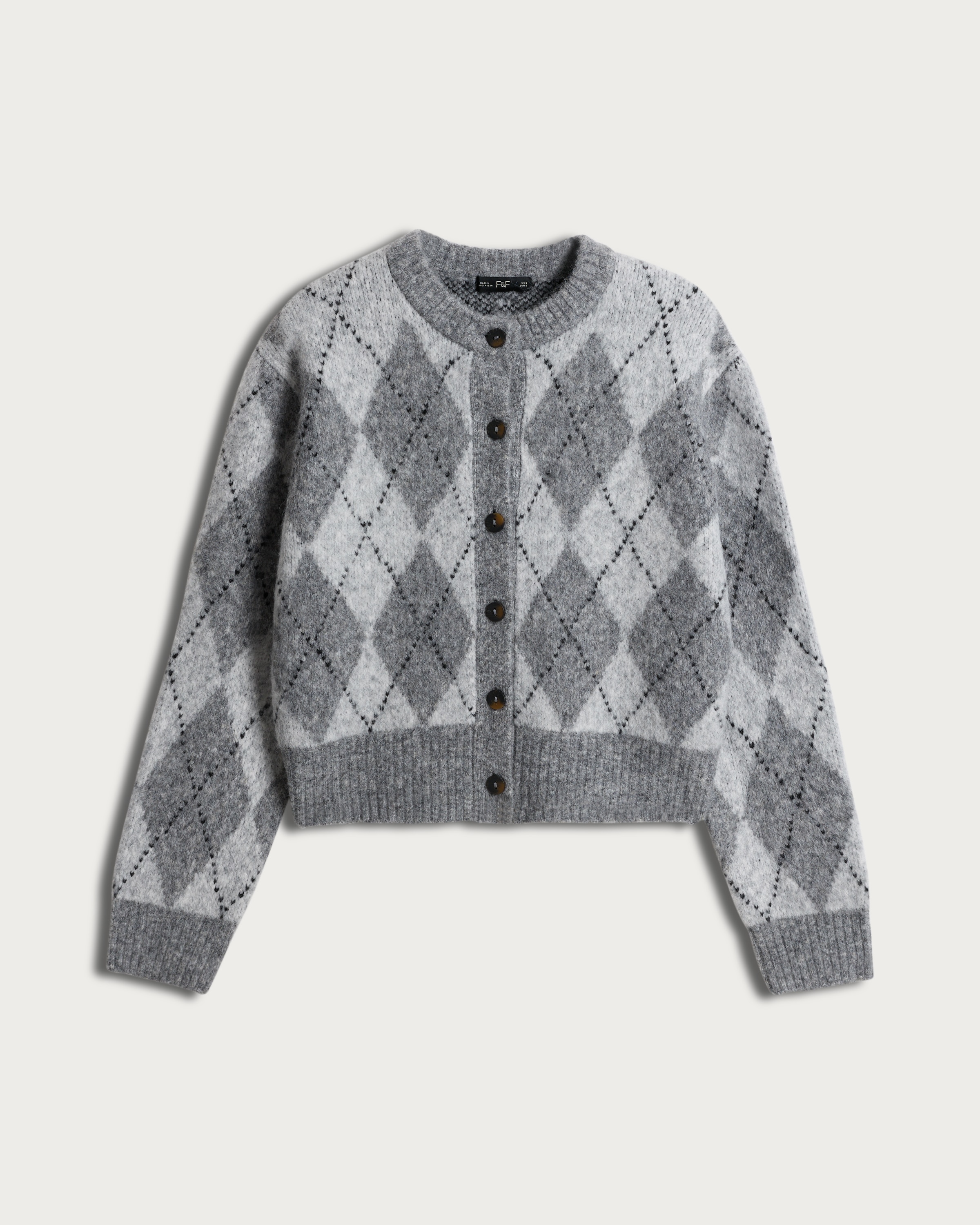 F&F Knitted Argyle Print Button Up Cardigan in Multi Grey thumbnail 4