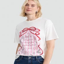 F&F Pure Cotton My Wish List Printed T-Shirt in Cream