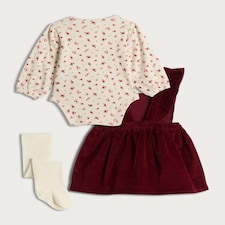 F&F Baby 3-Piece Embroidered Corduroy Pinny, Floral Bodysuit and Tights Set in Burgundy thumbnail 2
