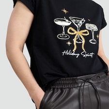 F&F Pure Cotton Holiday Spirit Cocktail Print T-Shirt in Black thumbnail 2