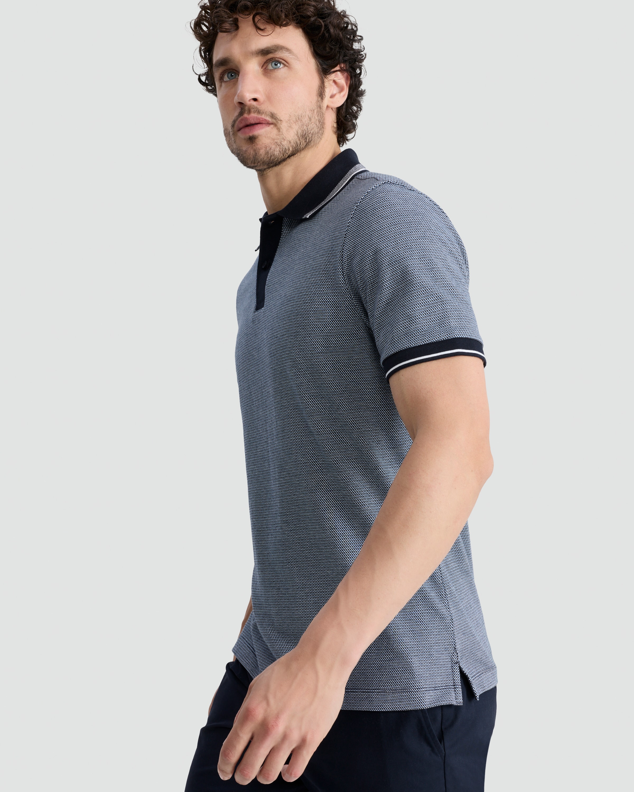 The F&F Edit Pure Cotton Textured Geometric Print Short Sleeved Polo Shirt in Navy