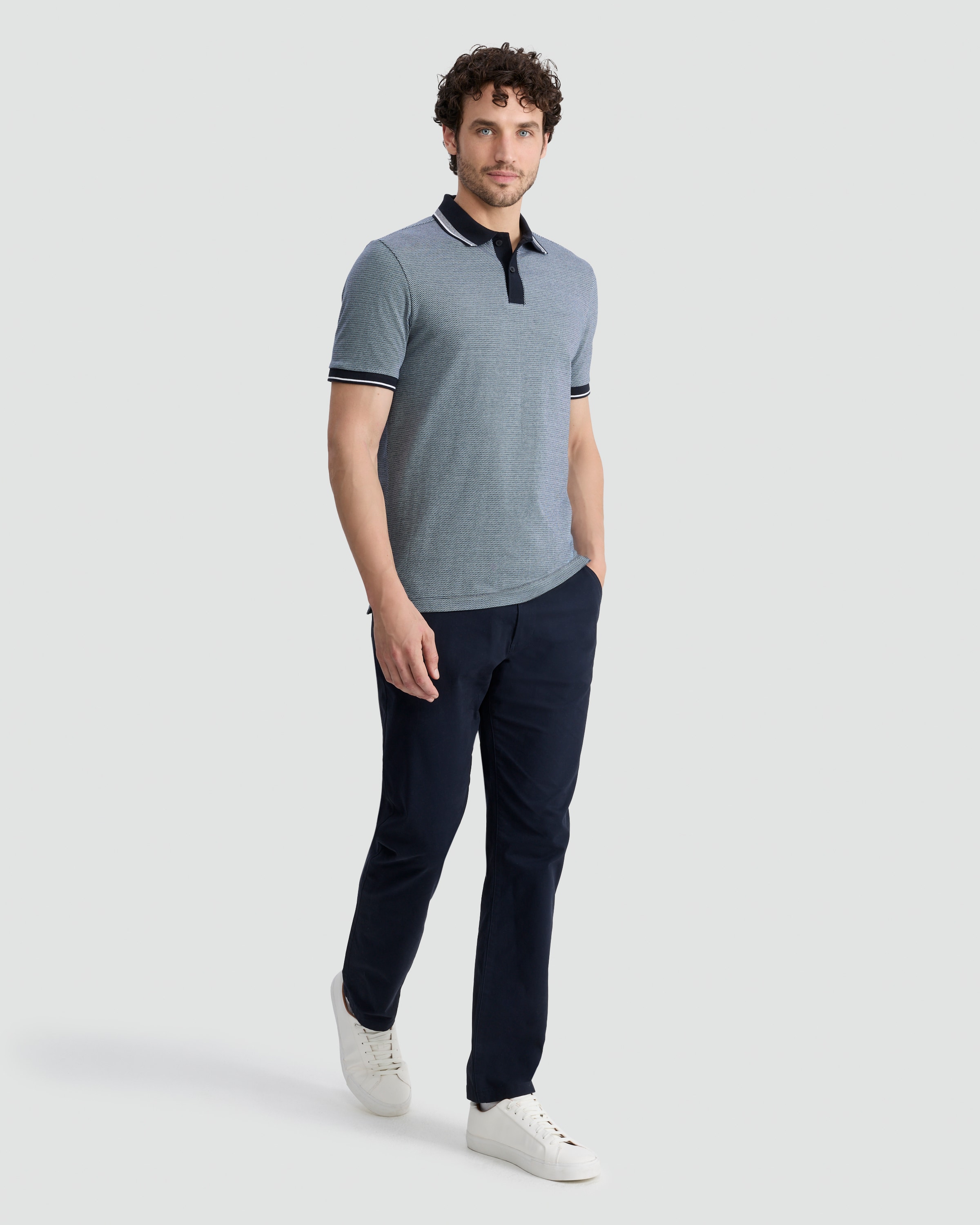 The F&F Edit Pure Cotton Textured Geometric Print Short Sleeved Polo Shirt in Navy thumbnail 2