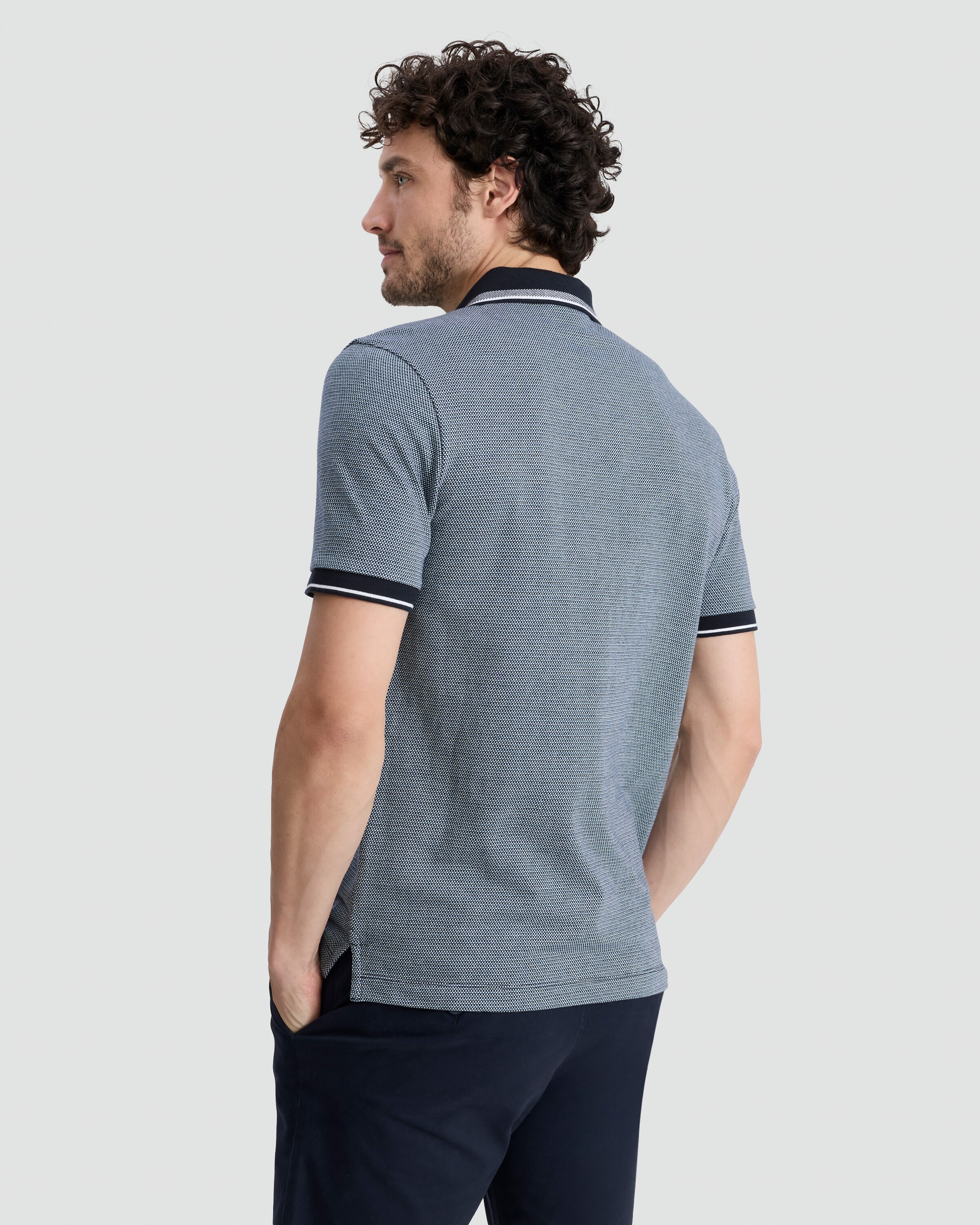 The F&F Edit Pure Cotton Textured Geometric Print Short Sleeved Polo Shirt in Navy thumbnail 3
