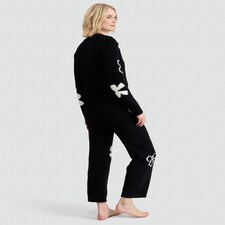 F&F Textured Bow Print Sweatshirt and Bottoms Pyjama Set in Black thumbnail 3