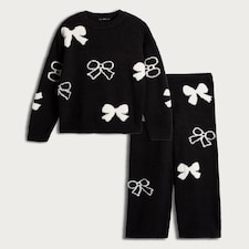 F&F Textured Bow Print Sweatshirt and Bottoms Pyjama Set in Black thumbnail 4