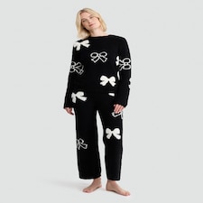 F&F Textured Bow Print Sweatshirt and Bottoms Pyjama Set in Black