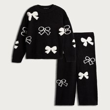 F&F Textured Bow Print Sweatshirt and Bottoms Pyjama Set in Black thumbnail 4