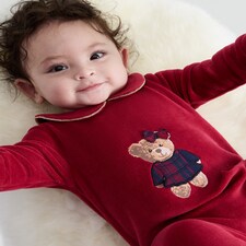 F&F Baby Velour Teddy Bear Sleepsuit in Red thumbnail 3