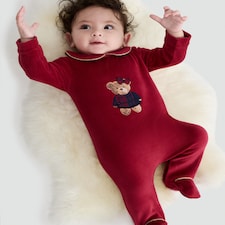 F&F Baby Velour Teddy Bear Sleepsuit in Red