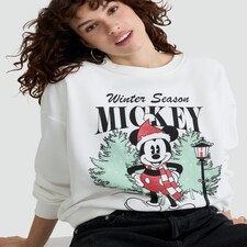 Disney Mickey Mouse Winter Season Slogan Cotton Rich Sweatshirt in Cream thumbnail 2