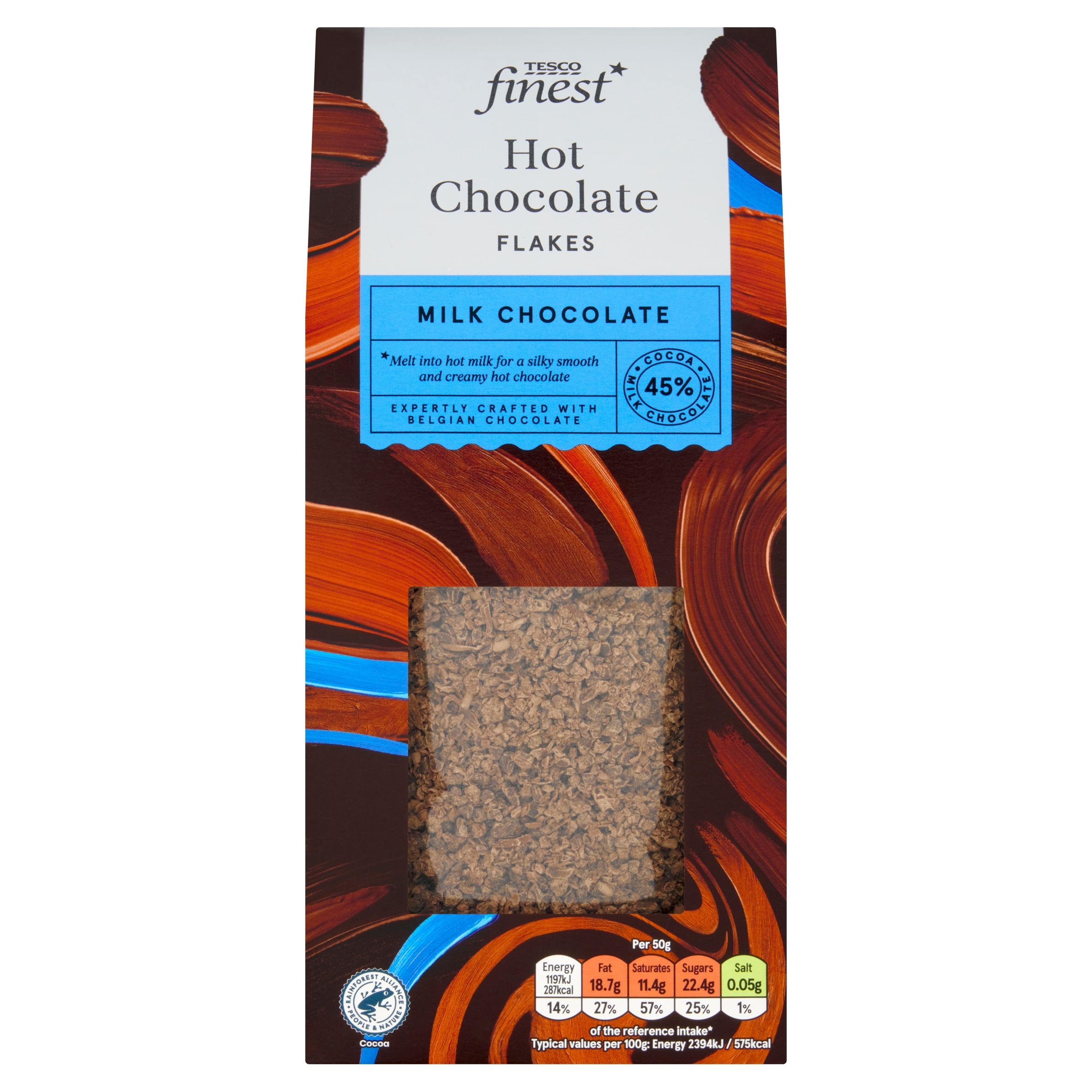 Tesco Finest Belgian 45% Milk Hot Chocolate Flakes 250g