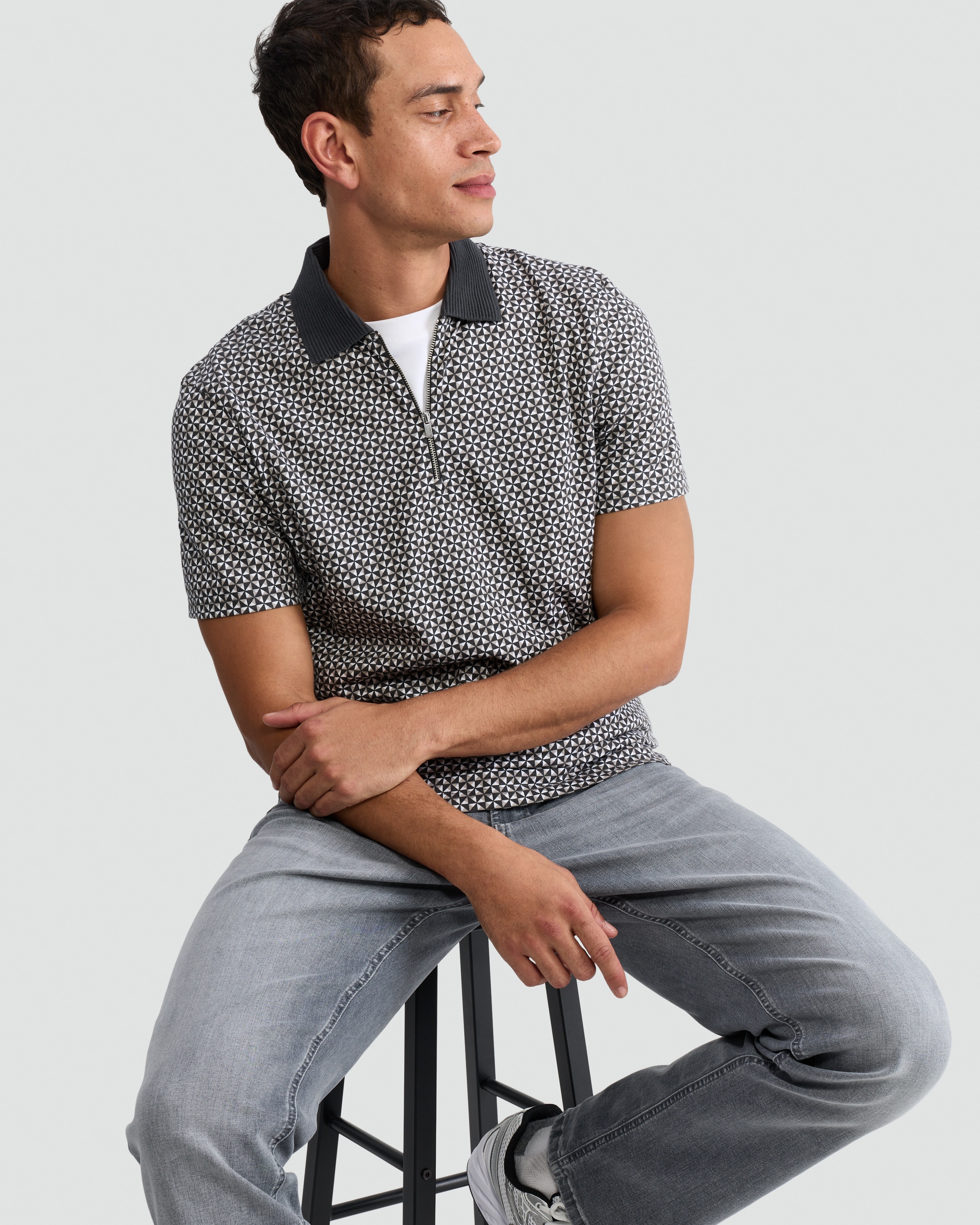 F&F Pure Cotton Geometric Print Short Sleeved Polo Shirt in Cream