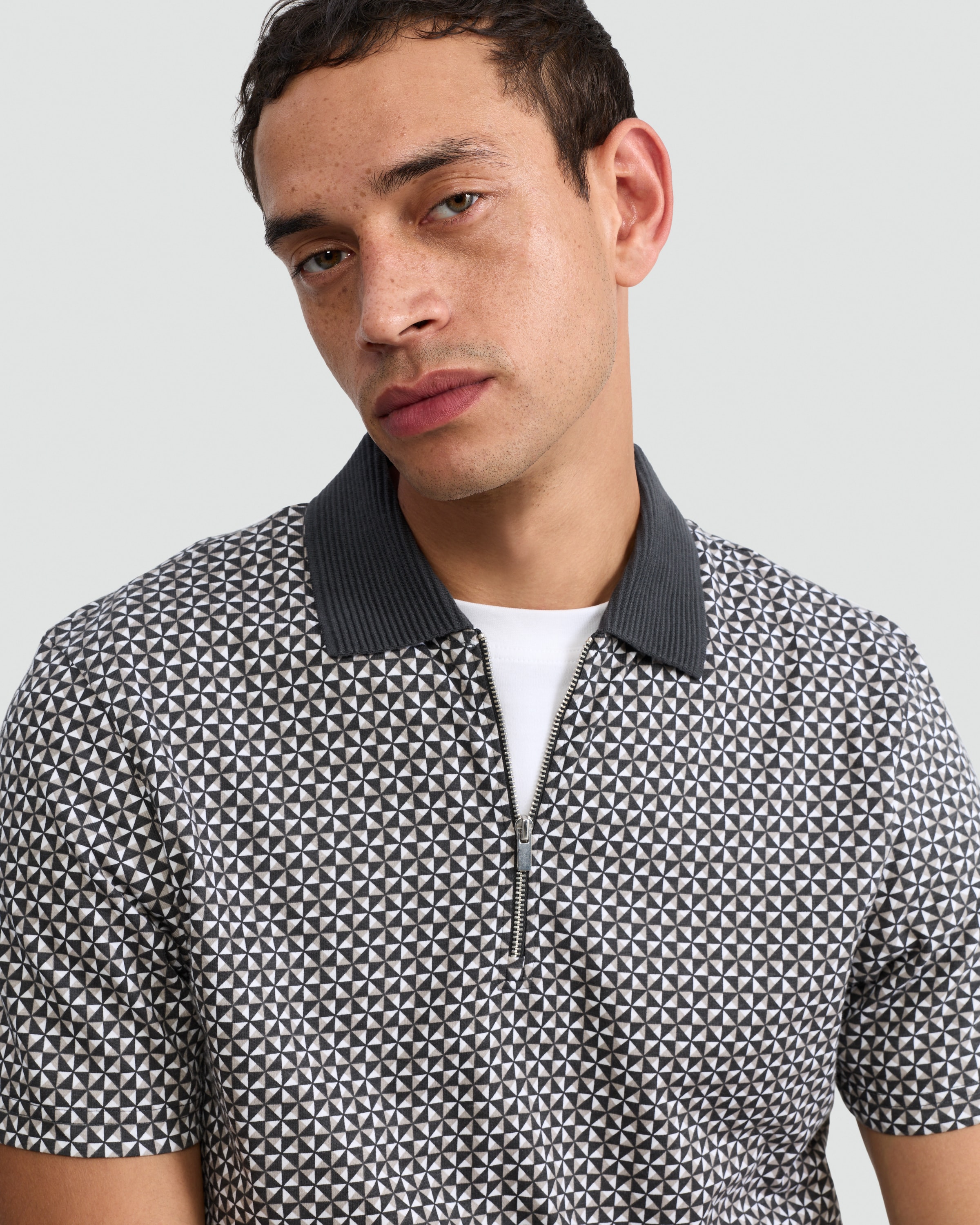 F&F Pure Cotton Geometric Print Short Sleeved Polo Shirt in Cream thumbnail 2