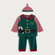 F&F Baby 3-Piece Velour Santa's Favourite Elf Outfit in Green thumbnail 2