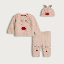 F&F Baby 3-Pack Knitted Reindeer Print Outfit in Brown