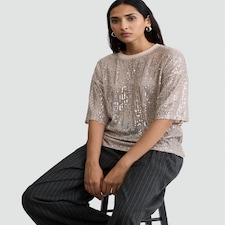 F&F Sequin Embellished Boxy Short Sleeved Top in Cream