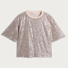 F&F Sequin Embellished Boxy Short Sleeved Top in Cream thumbnail 4
