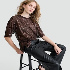 F&F Sequin Embellished Boxy Short Sleeved Top in Brown