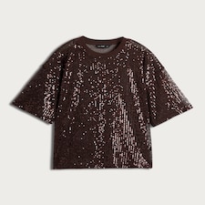 F&F Sequin Embellished Boxy Short Sleeved Top in Brown thumbnail 4