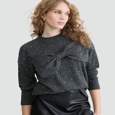 F&F Bow Detail Diamanté Embellished Jumper in Grey