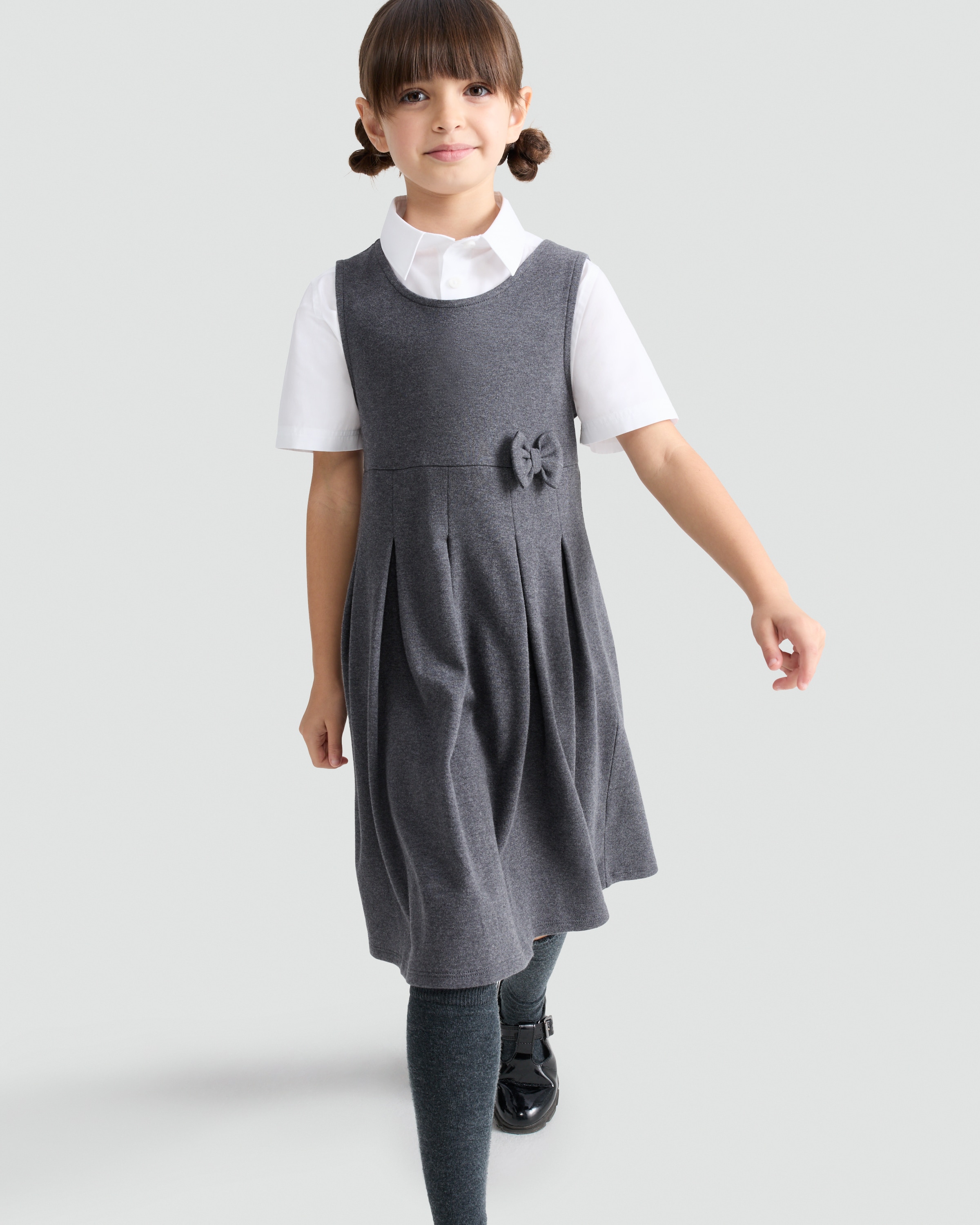 F&F School Girls Cotton Rich Bow Detail Pinafore in Grey