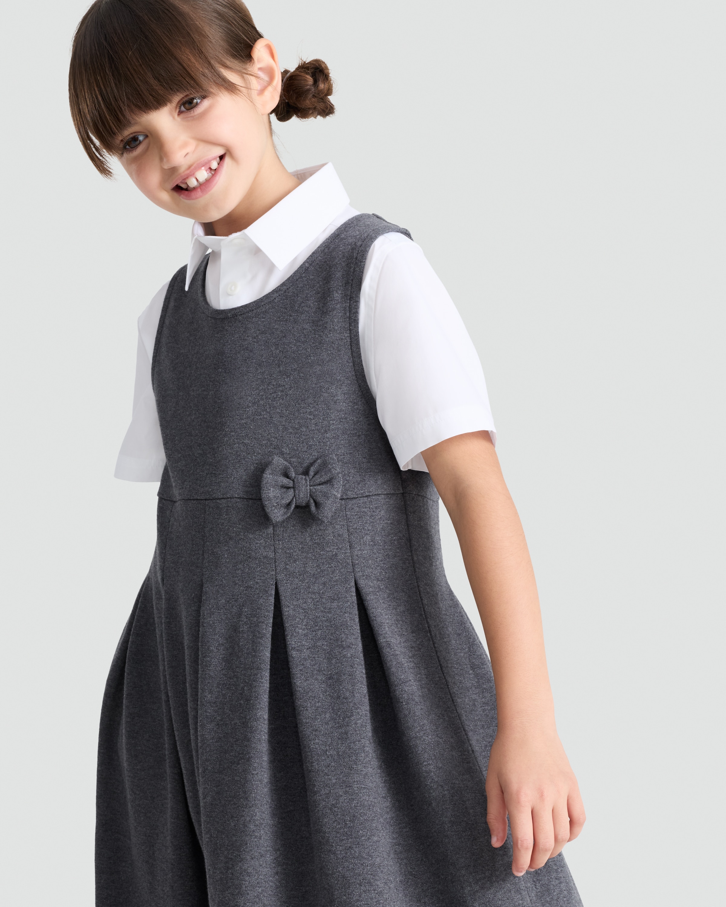 F&F School Girls Cotton Rich Bow Detail Pinafore in Grey thumbnail 2