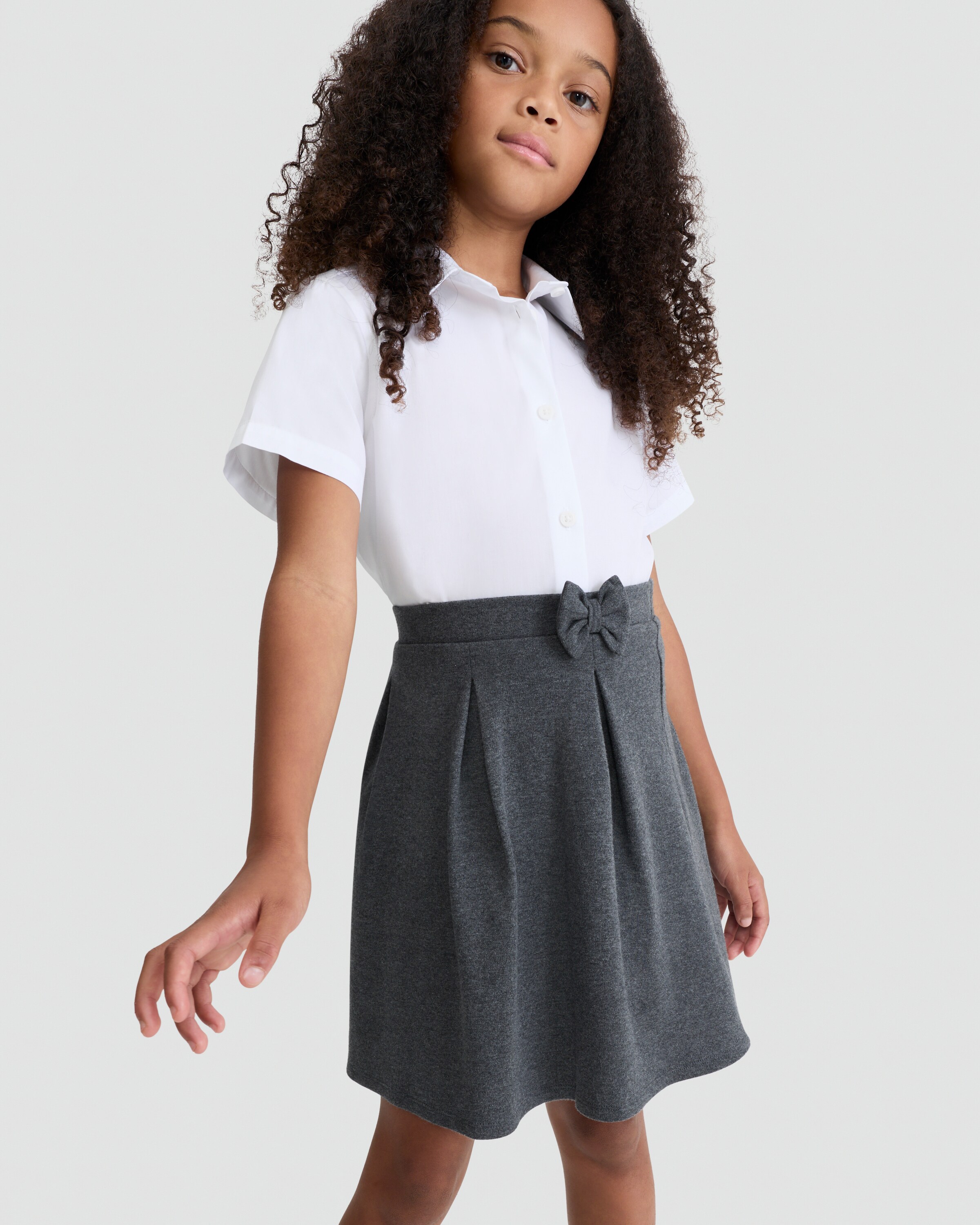 F&F School Girls Cotton Rich Bow Detail Pleated Skirt in Grey