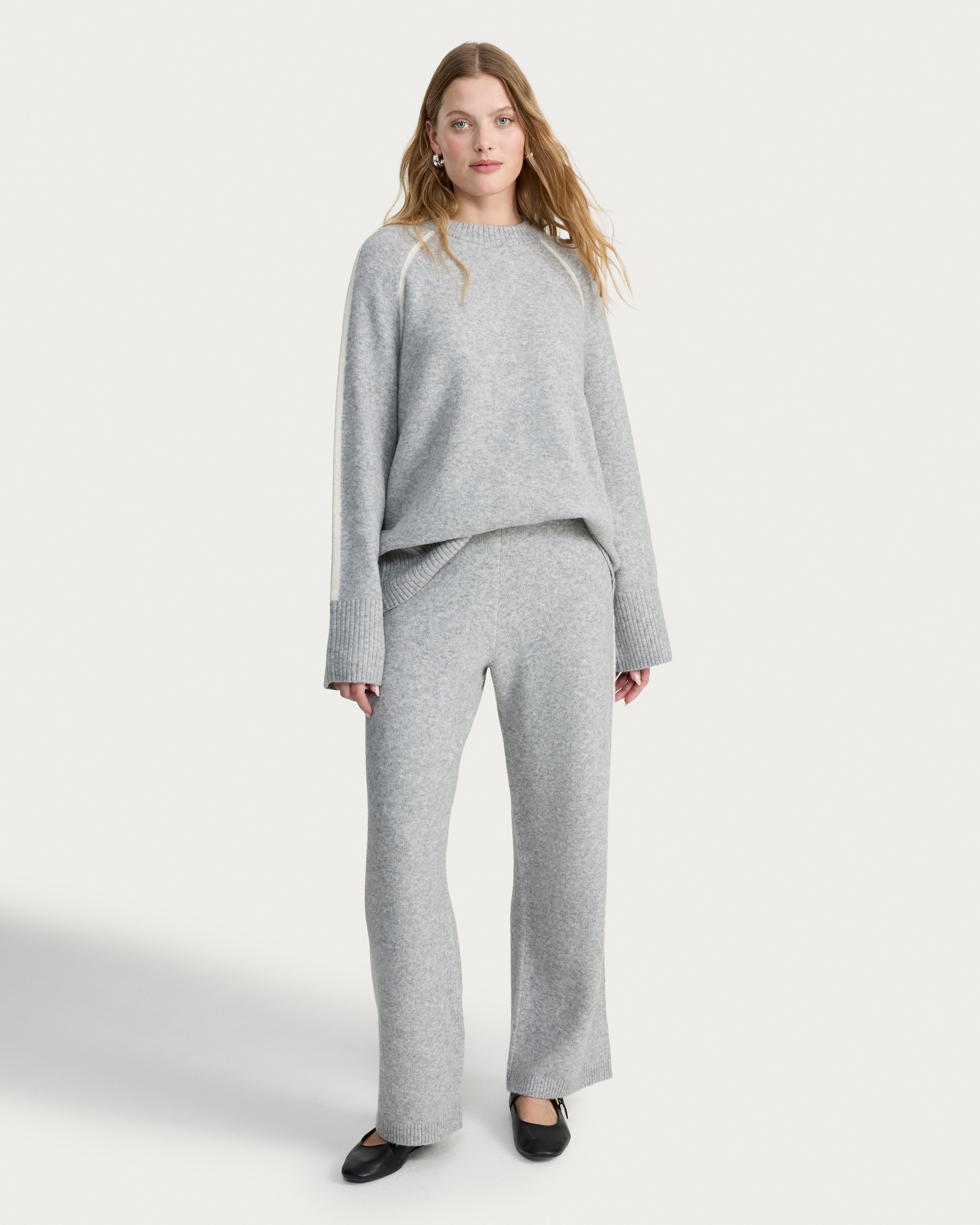 F&F Knitted Side Stripe Wide Leg Co-ord Trousers in Grey thumbnail 2