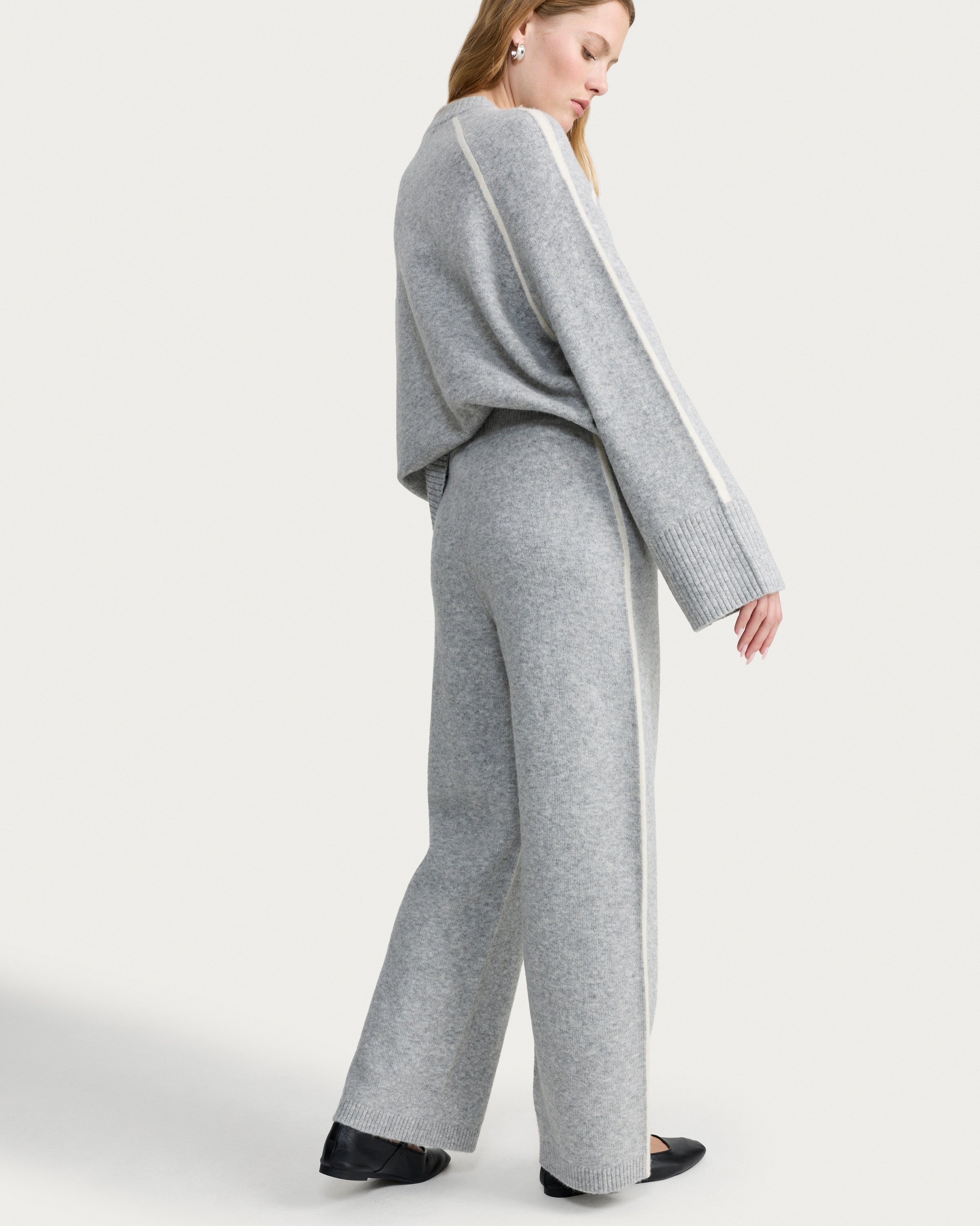 F&F Knitted Side Stripe Wide Leg Co-ord Trousers in Grey thumbnail 3