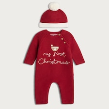 F&F Baby 2-Piece Pure Cotton Knitted Onesie and Hat Set in Red